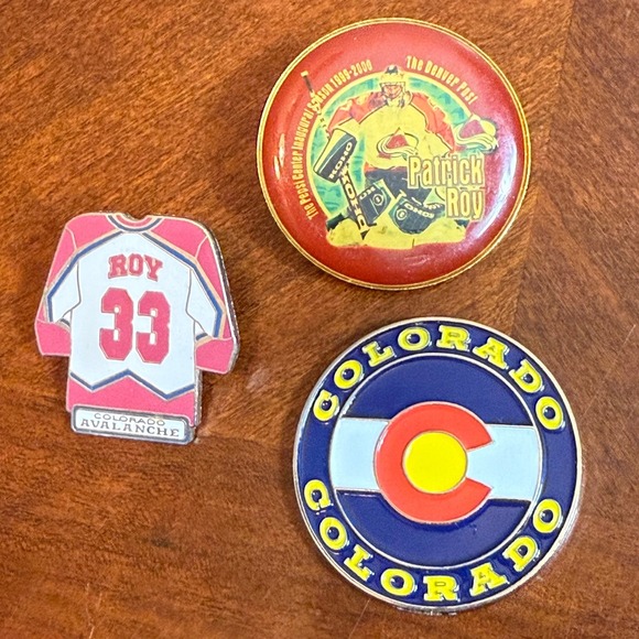Jewelry - Vtg Patrick Roy Colorado Avalanche Jersey Pin Set 1999 2000 Pepsi Center Flag
